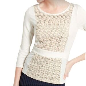 EUC Ann Taylor Cream Lace Panel Ponte Knit Top Super Cute Pretty Lace Front/Back